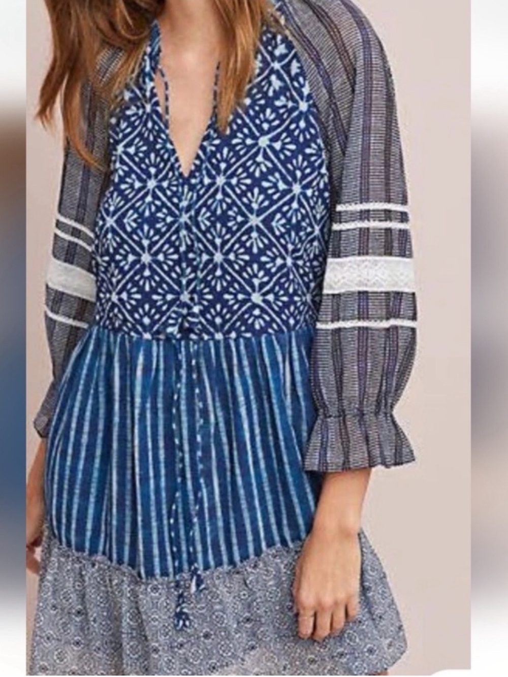 HEMANT & NANDITA Blue Patterned Boho Patchwork Baby Doll Long-Sleeve Dress